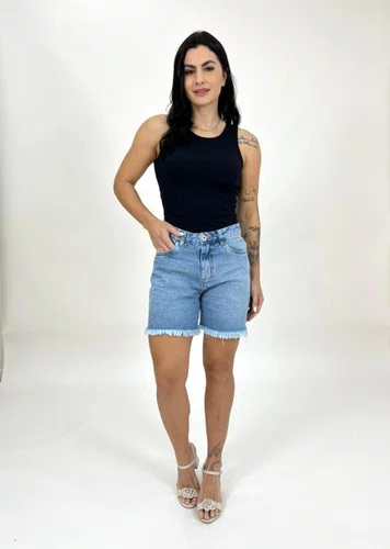 Bermuda Jeans 100% Meia Coxa Desfiada 