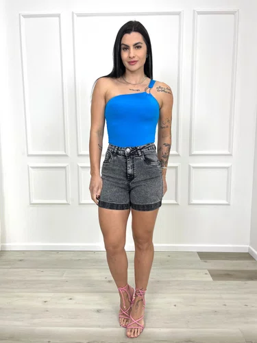 Bermuda Meia Coxa Jeans Estonado Barra Dobrada 