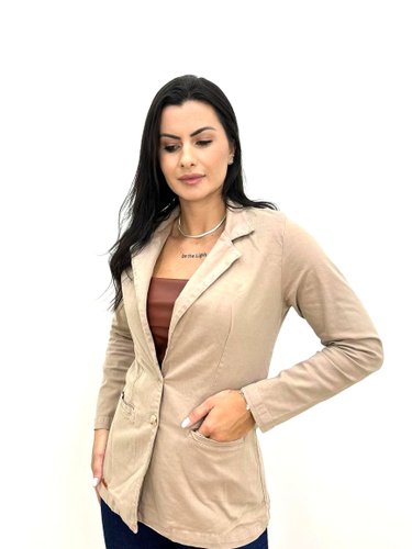 Blazer Feminino Color Bege Bolso Fake Decidida Jeans 