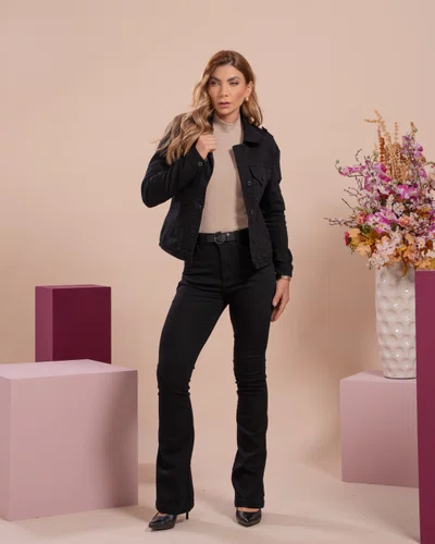 Calça Boot Cut Jeans Color Preta Com Cinto  