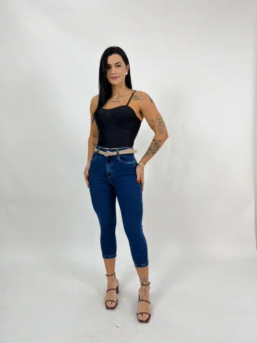 Calça Capri Jeans Com Cinto Barra Tradicional 