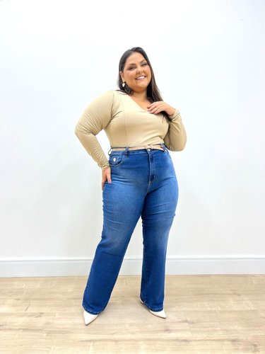 Calça Perna Reta Jeans Plus Com Cinto 