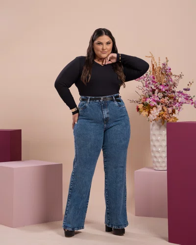 Calça Perna Reta Jeans Plus Com Cinto  