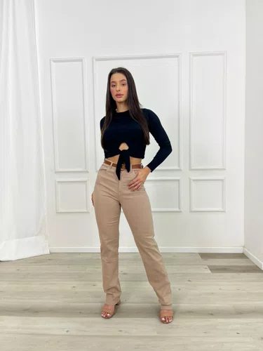 Calça Reta Jeans Color Com Cinto  