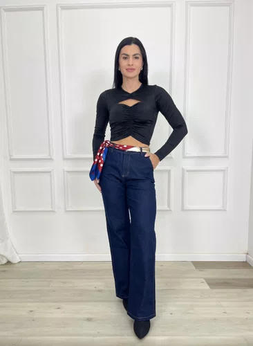 Calça Wide Leg Barra Tradicional Com Lenço 