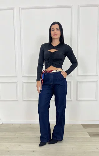 Calça Wide Leg Barra Tradicional Com Lenço 
