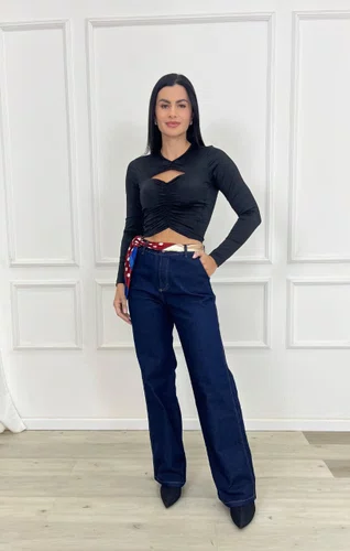 Calça Wide Leg Barra Tradicional Com Lenço 