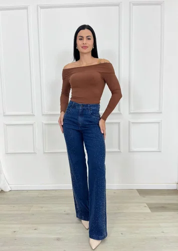 Calça Wide Leg Chapa Barriga Com Brilho Frontal