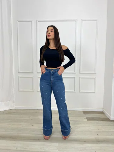 Calça Wide Leg Chapa Barriga Com Pedrinhas 