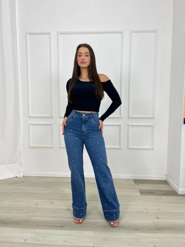 Calça Wide Leg Chapa Barriga Com Pedrinhas 