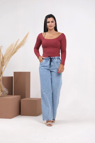 Calça Wide Leg Com Elastico E Cordao Na Cintura 