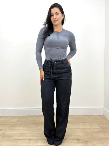 Calça Wide Leg Jeans 100% Com Cordao Na Cintura 