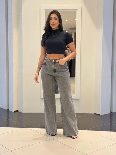 Calça Wide Leg Jeans Barra Tradicional 