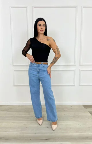 Calça Wide Leg Jeans Barra Tradicional Com Cinto 