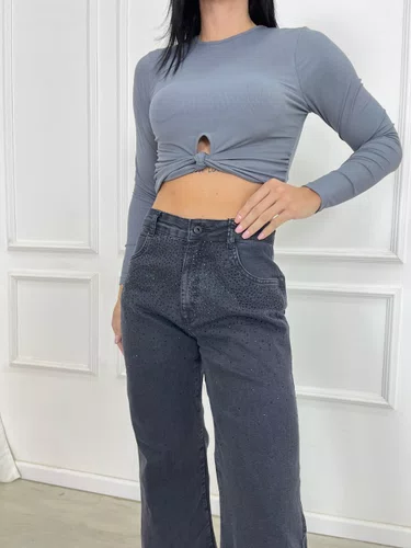 Calça Wide Leg Jeans Chapa Barriga Com Brilho  