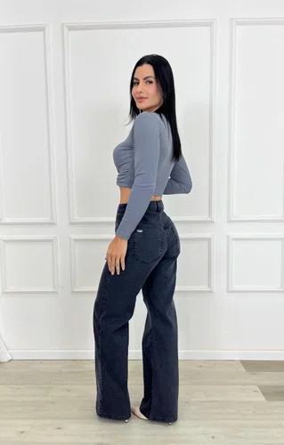 Calça Wide Leg Jeans Chapa Barriga Com Brilho  