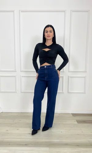 Calça Wide Leg Jeans Com Brilho Bolso faca 