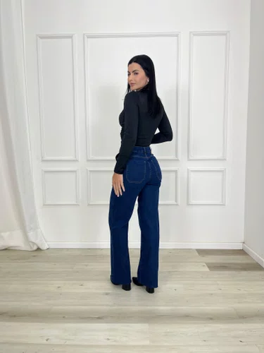 Calça Wide Leg Jeans Com Brilho Bolso faca 
