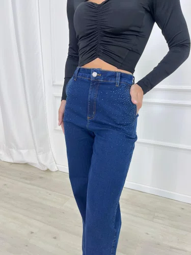 Calça Wide Leg Jeans Com Brilho Bolso faca 