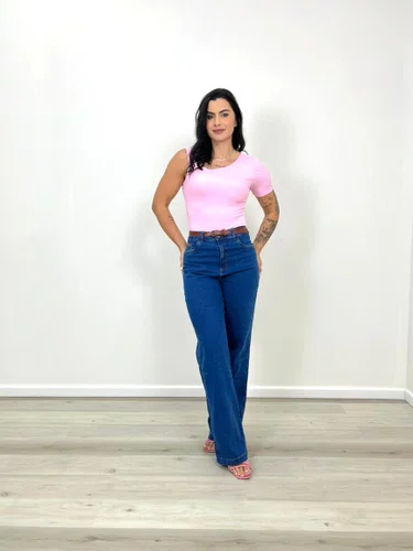 Calça Wide Leg Jeans Com Elastano E Cinto 