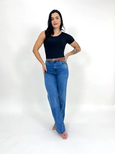 Calça Wide Leg Jeans Com Elastano E Cinto 