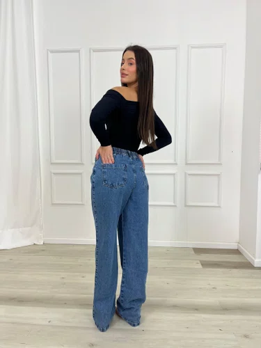 Calça Wide Leg Jeans Com Elastico 