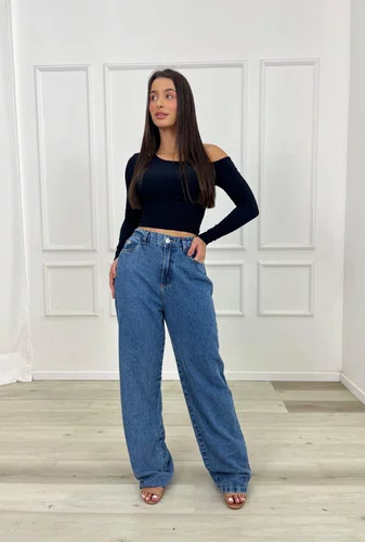 Calça Wide Leg Jeans Com Elastico 