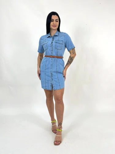 Chamise Jeans Com Recortes Frontais E Cinto 