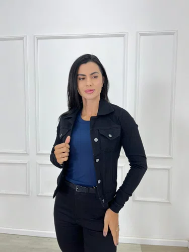 Jaqueta Jeans Color Preta Tradicional 