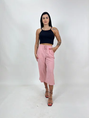 Pantacourt De Linho Com Elastico Na Cintura 