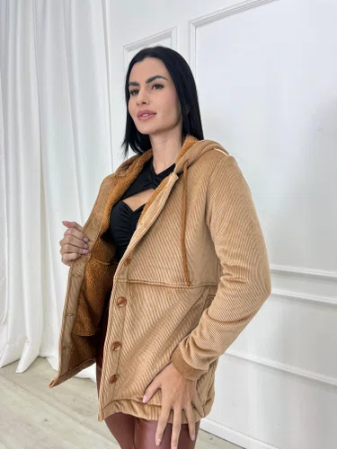Parka Color Caramelo De Cotele Peluciada Com Capuz 