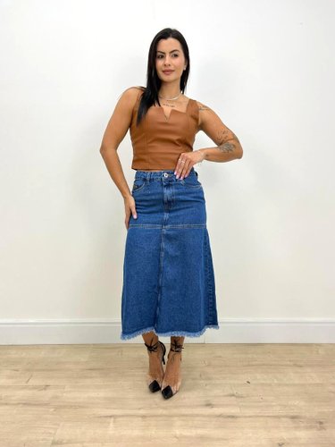 Saia Jeans 100%  Midi Com Rescortes E Barra Desfiada 