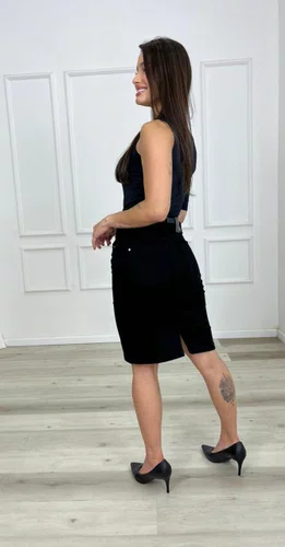 Saia Jeans Color Secretaria Com Cinto e Fenda 