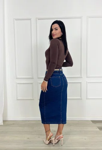 Saia Jeans Midi Com Fenda E Cinto  