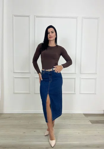 Saia Jeans Midi Com Fenda E Cinto  