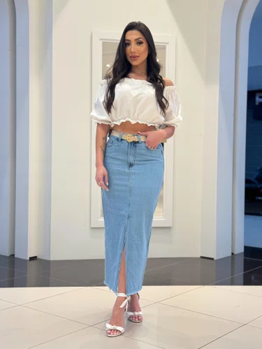Saia Jeans Midi Com Fenda Frontal E Cinto 