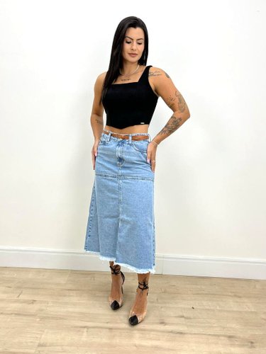 Saia Jeans Midi Com Recorte Frontal E Cinto 