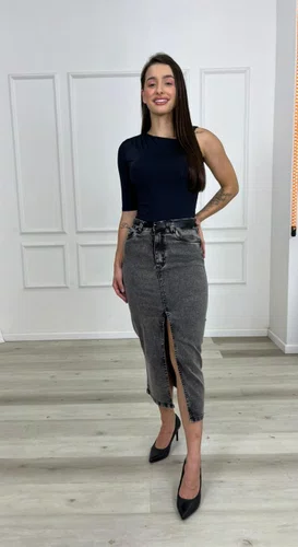 Saia Jeans Midi Preta Estonada Com Fenda  