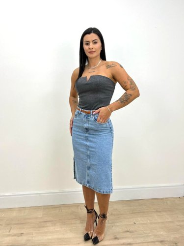 Saia Jeans Midi Recorte Frontal Com Cinto  