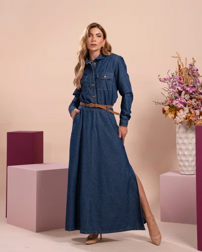 Saia Longa Jeans Com Cinto E Fenda Lateral 