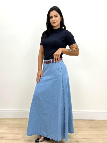 Saia Longa Jeans Com Fendas Laterais E Cinto 