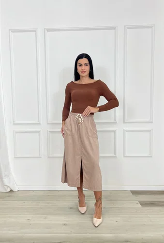 Saia Midi Color Com Fenda Frontal E Cordao
