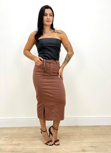 Saia Midi Color Com Fenda Lateral e Cordao Na Cintura 