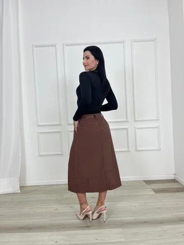 Saia Midi Jeans Color Marrom Com Fenda  