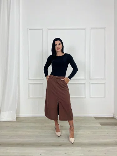 Saia Midi Jeans Color Marrom Com Fenda  