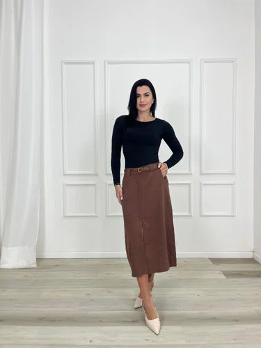 Saia Midi Jeans Color Marrom Com Fenda  