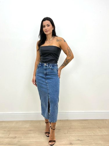 Saia Midi Jeans Com Fenda E Elastico Na Cintura 