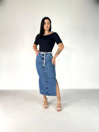 Saia Midi Jeans Marmorizado Com Cordao Na Cintura E Fenda