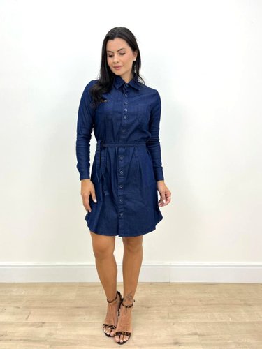 Vestido Chamise Com Botoes E Cinto Jeans 