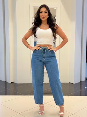 Calça Barrel  Barra Tradicional Com Cordão Na Cintura